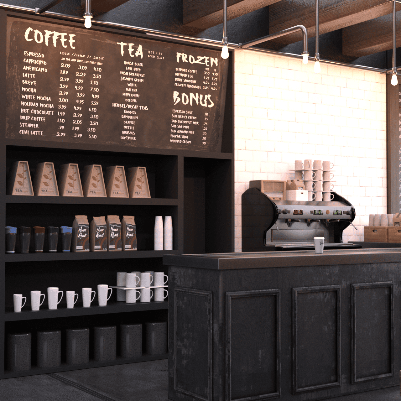counter of trendy coffee shop 3d environment