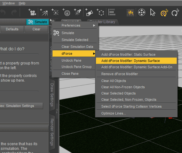 Adding a dForce modifier Dynamic Surface