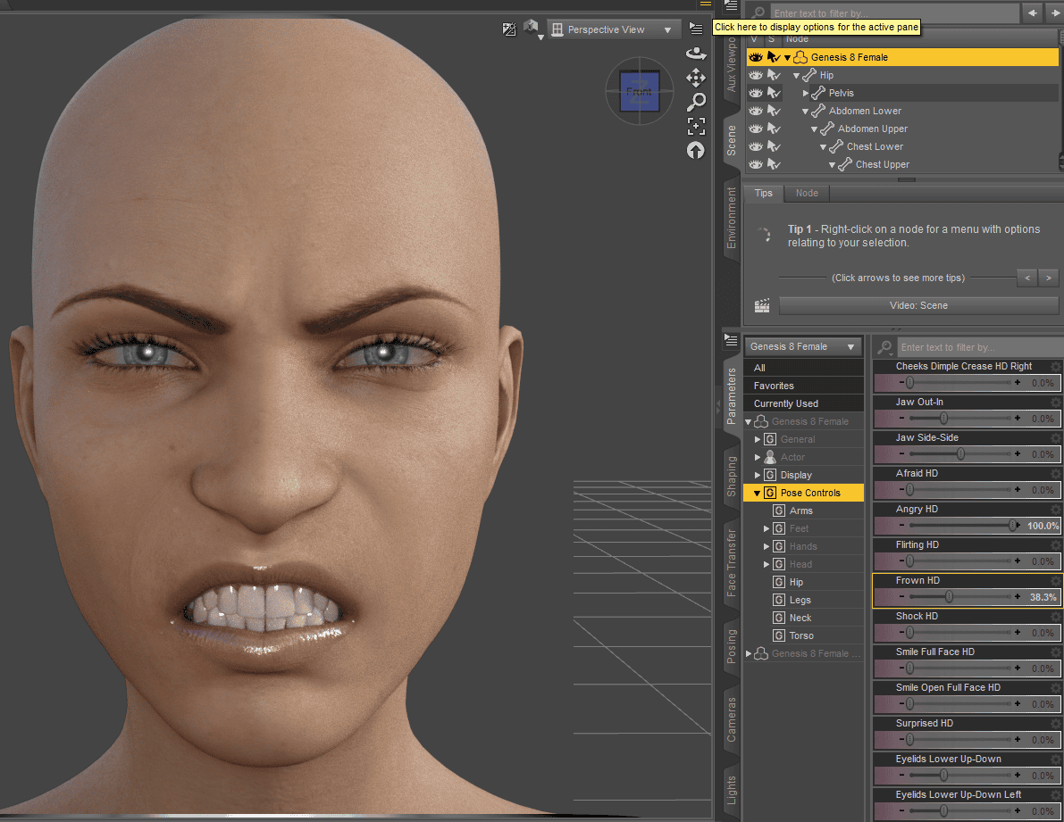 Angry face pose in daz
