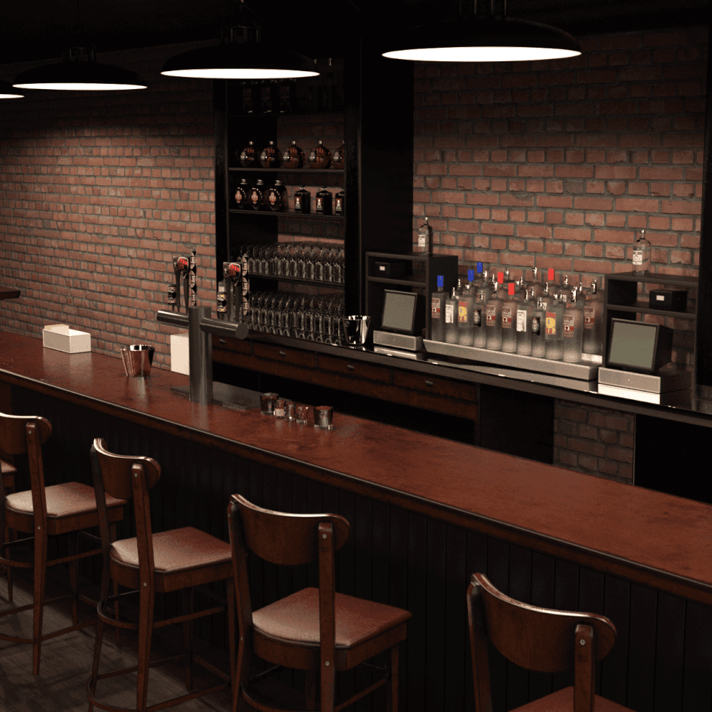3d model of a bar counter showing multiple chairs and, glasses and drinks
