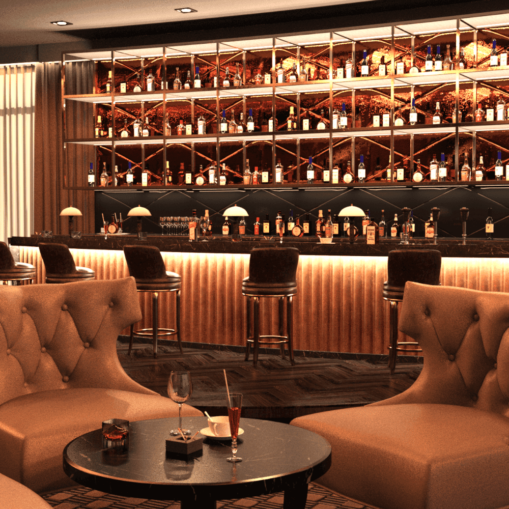Person view from one of the bar seats showing the counter of this hotel bar 3d model