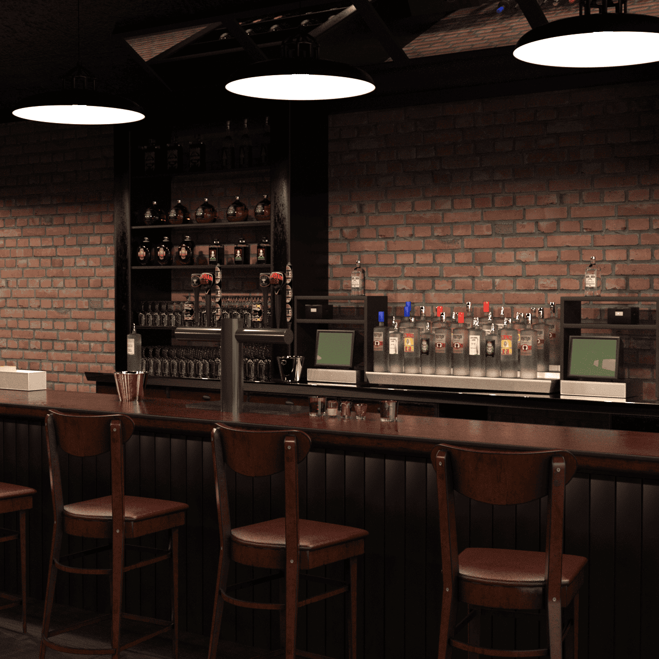 3d bar model showing the counter with three chairs and multiple drink props in the background