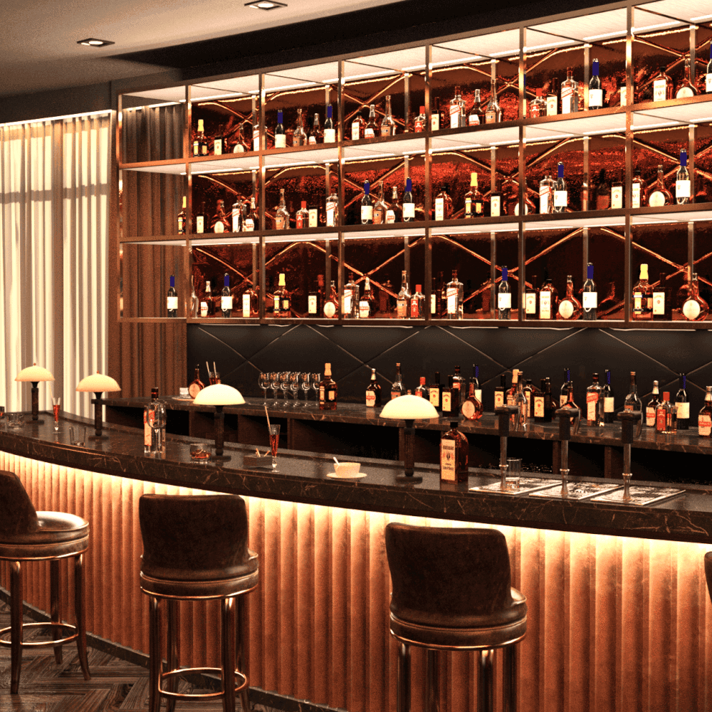 Hotel bar 3d model showing the bar counter, several chairs and all kinds of drinks