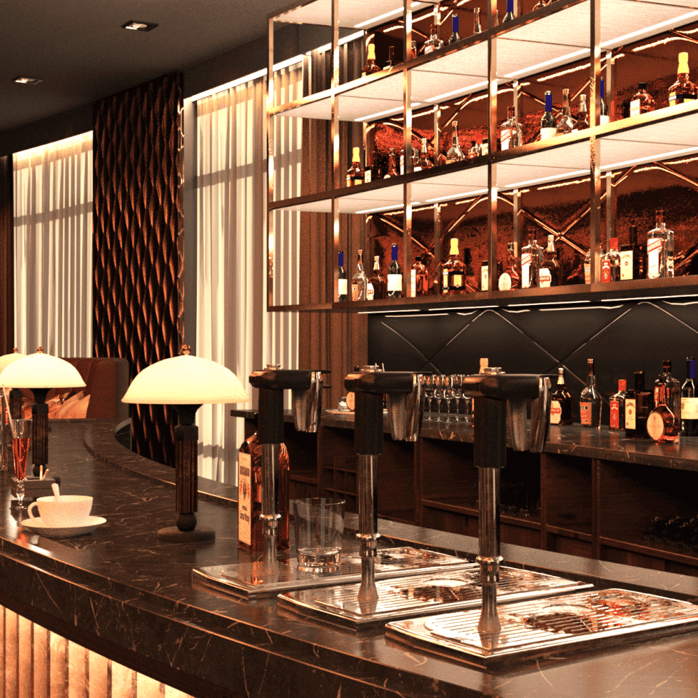 Bar counter with tap and bottles in the background