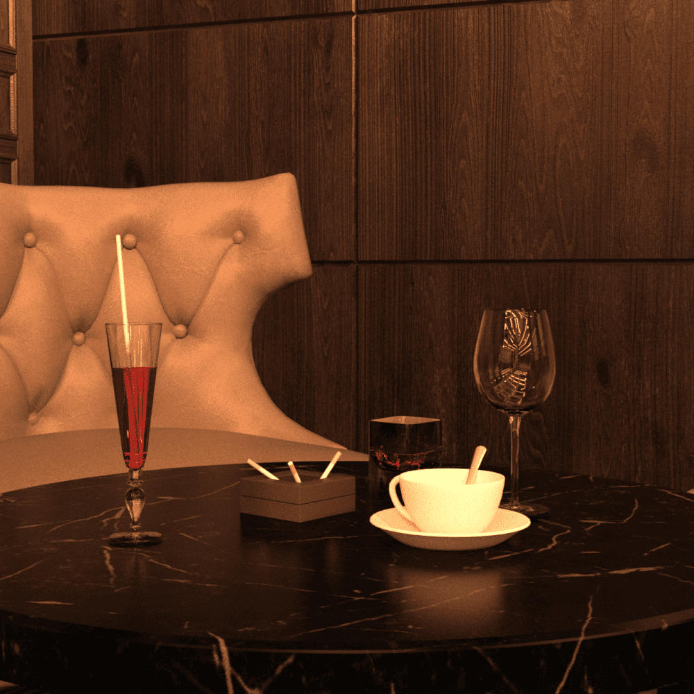 Close up of a table inside the bar showing a cocktail and other 3d models