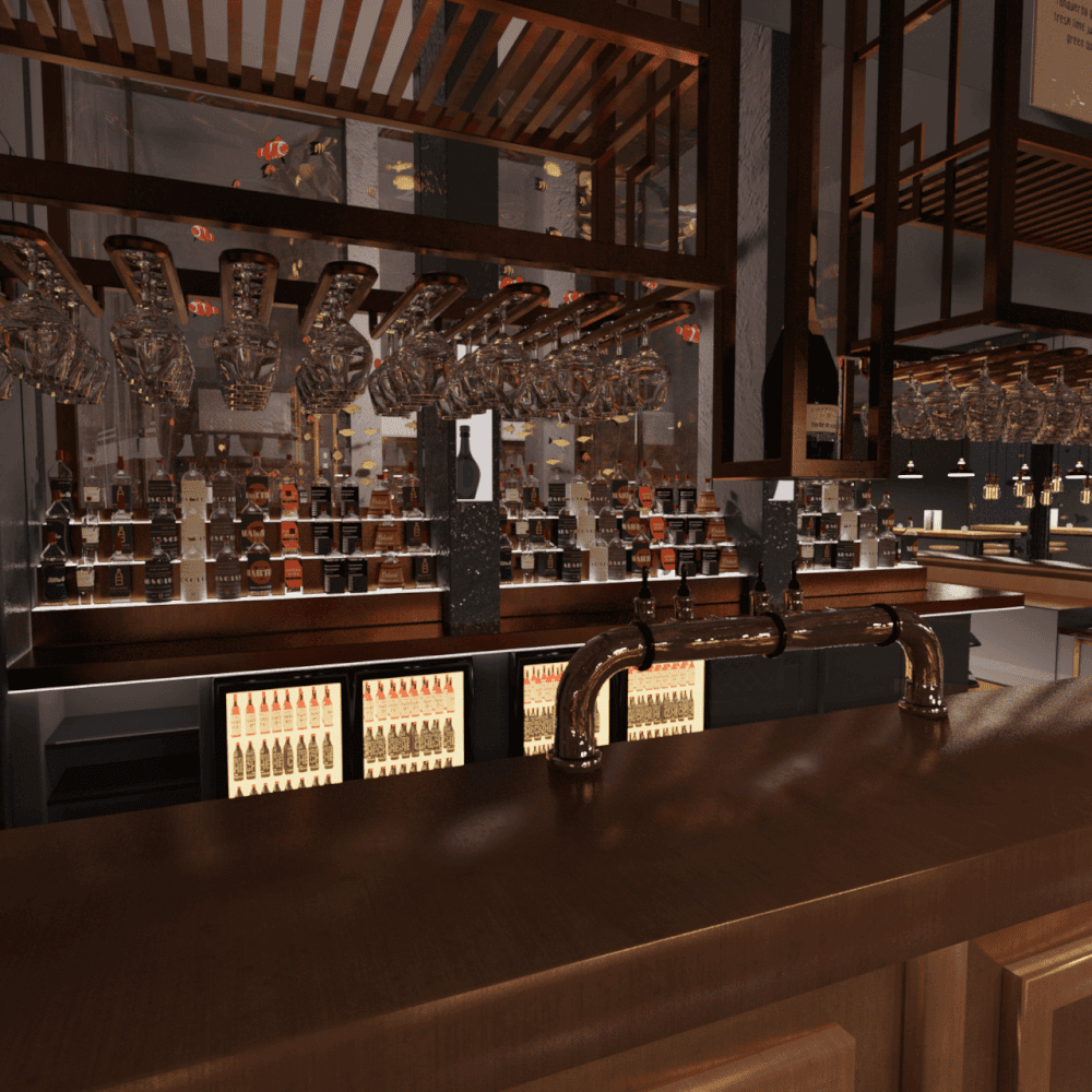 Close view of the bar counter with several glasses and drinks