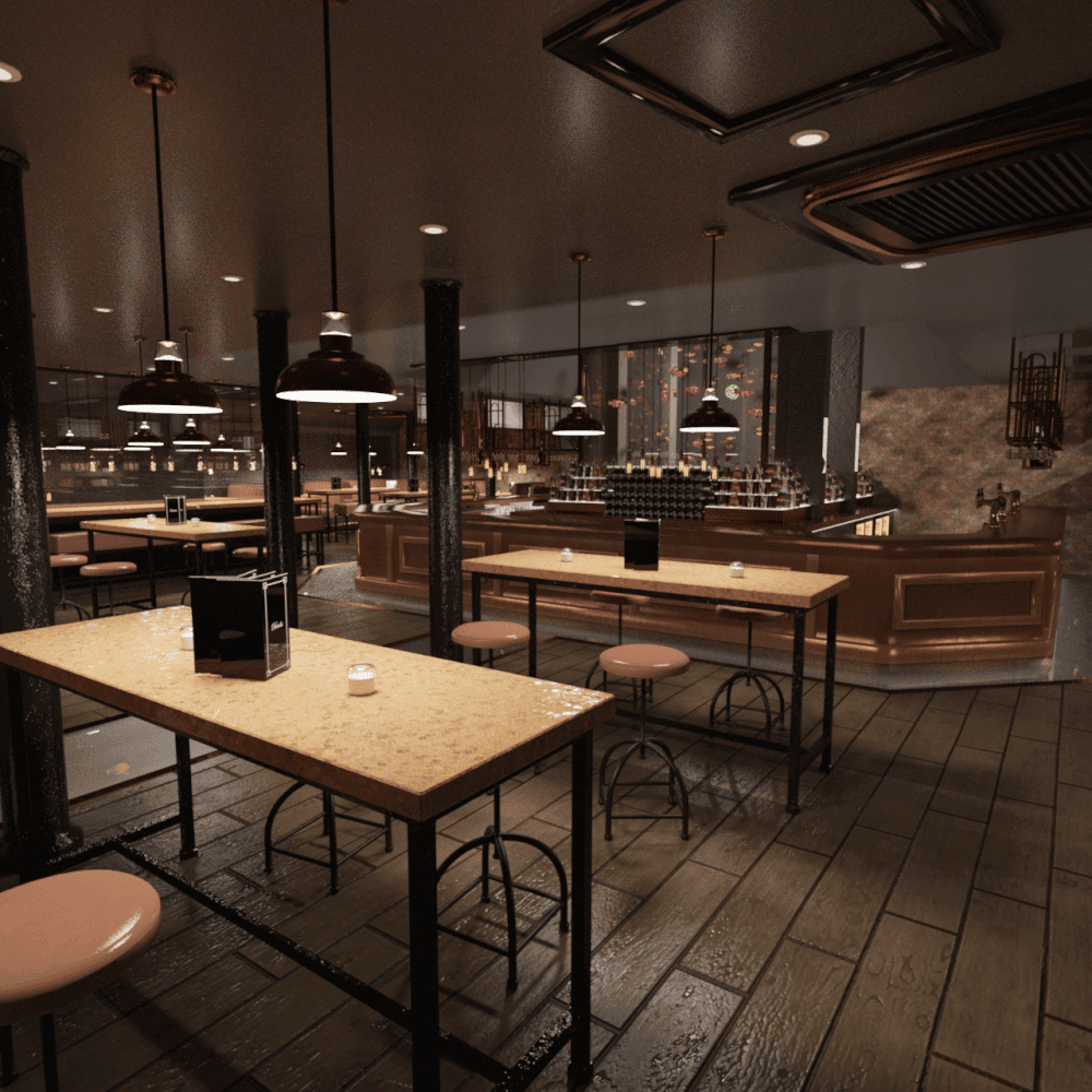 Overview of the 3d bar model showing part of the bar with high tables and different type of chairs
