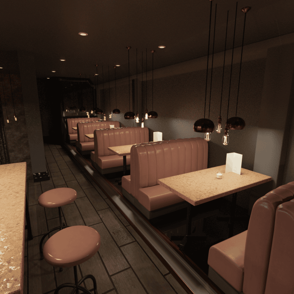 Corner of the bar showing several tables and seats