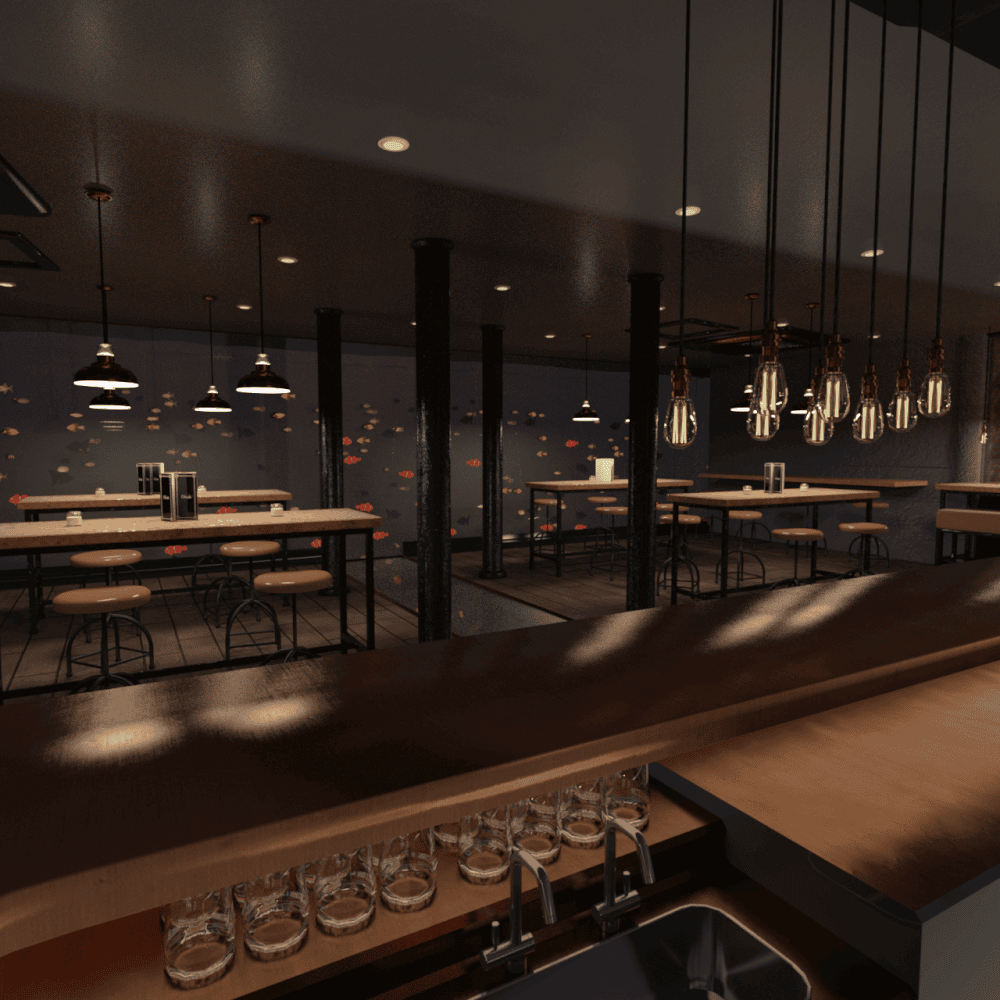 Aquarium background in front of the bar counter