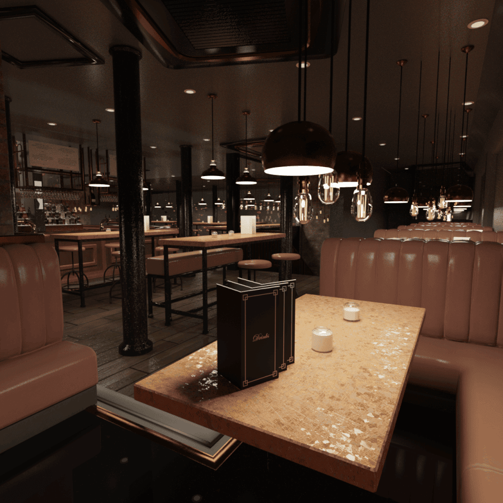 3d bar model with a beautiful lightning setup showing multiple tables and light bulbs.