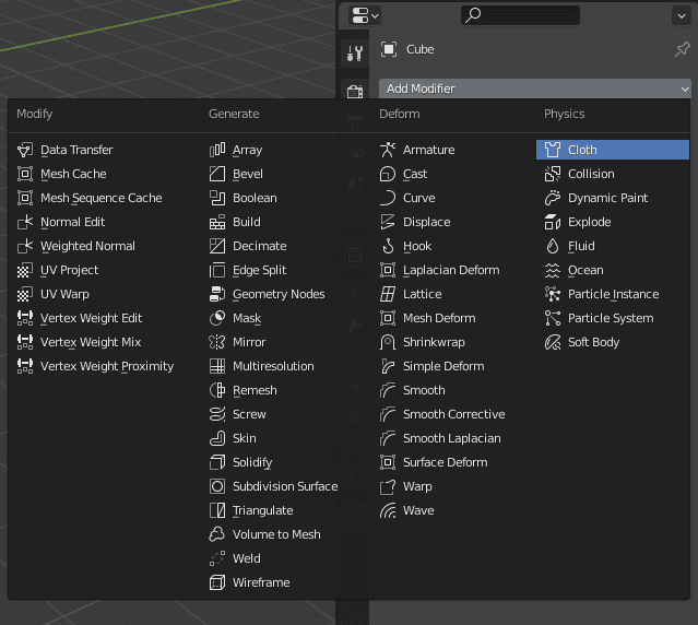 blender add cloth modifier