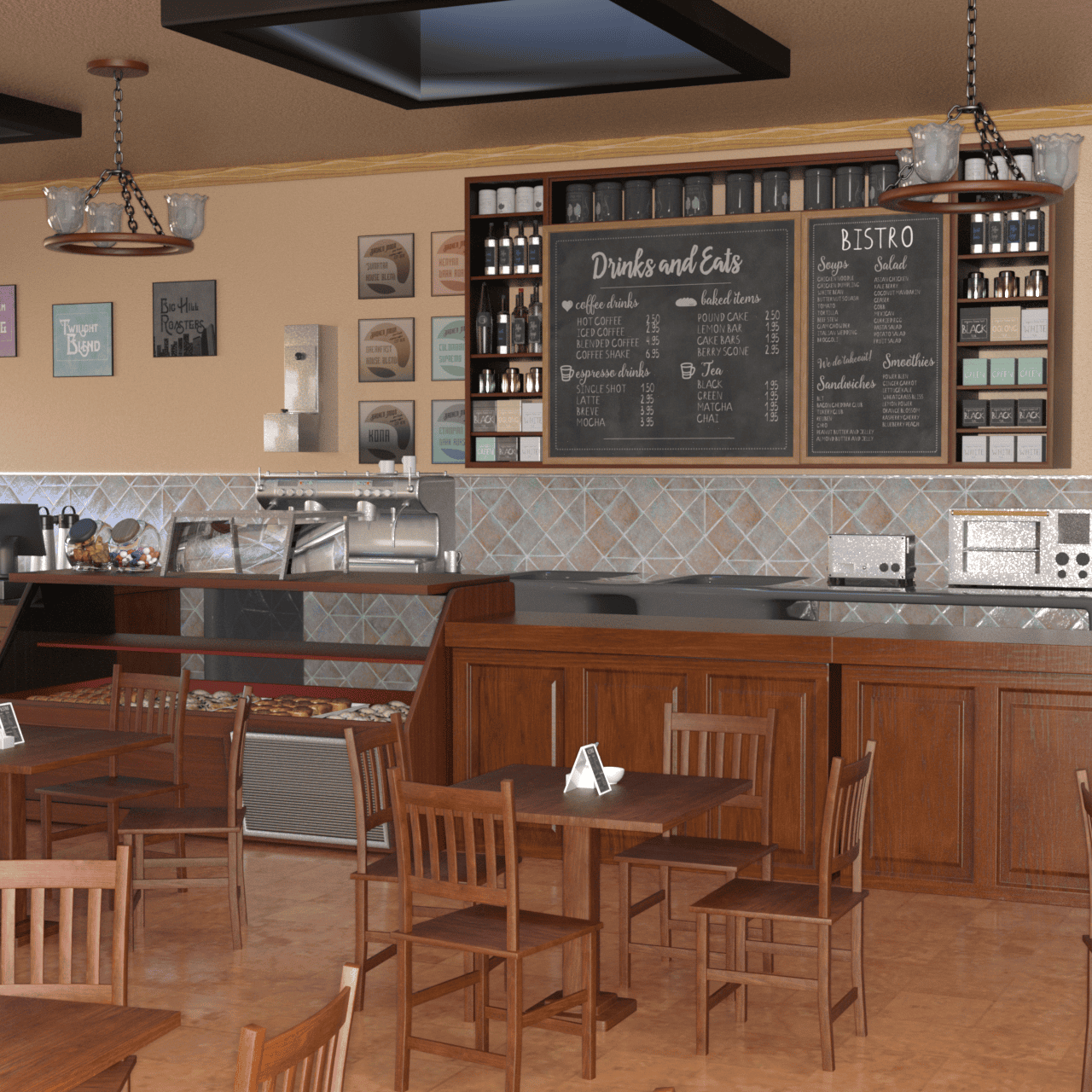 Coffee bar 3d model showing several tables, chairs and the counter
