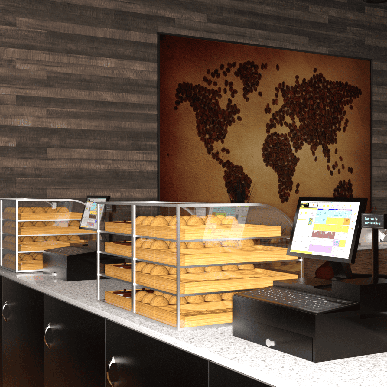 Behind the counter of the coffee shop