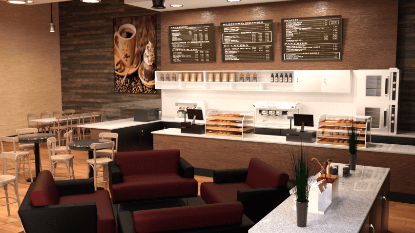 3d model of a coffee shop showing different tables and chairs and a counter