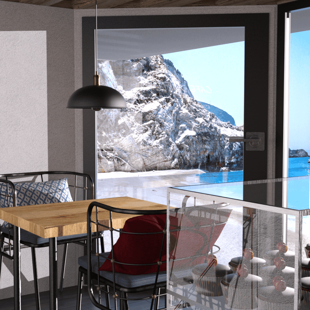 Glass door with view on the beach