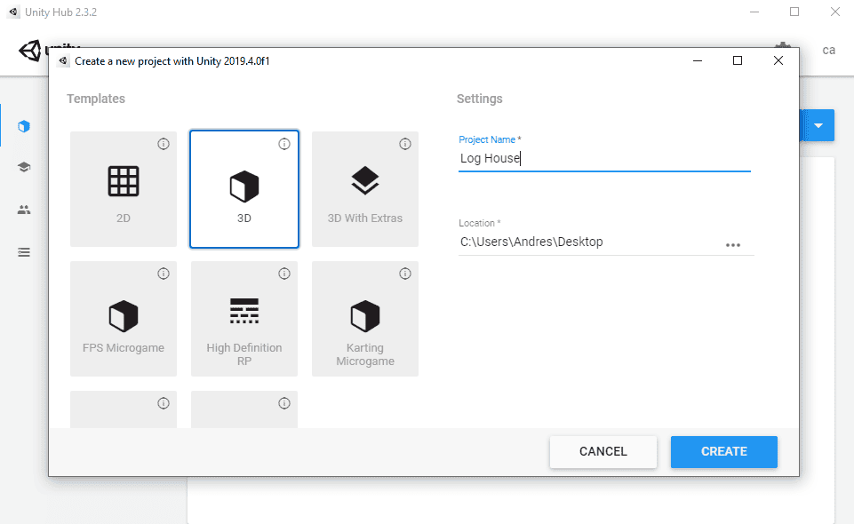 creating a new project inside unity3d
