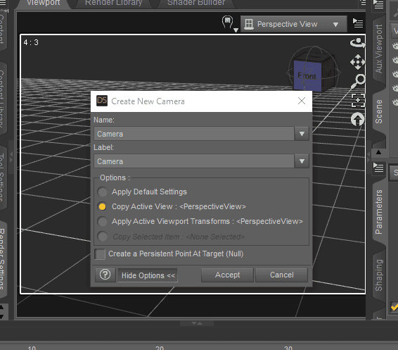 daz camera create viewport perspective view