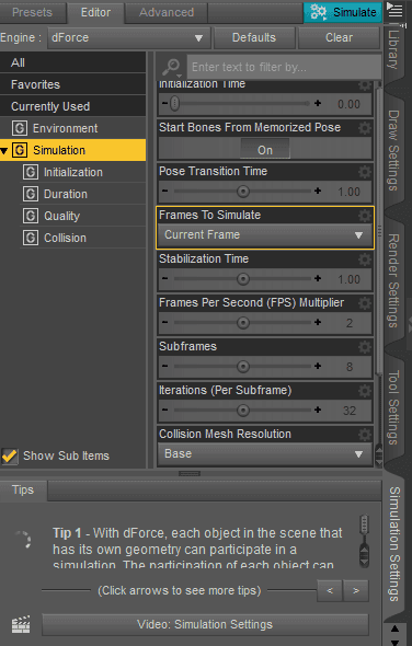 daz dforce simulation settings