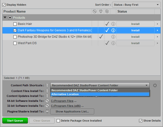 daz3d install manager showing custom content path
