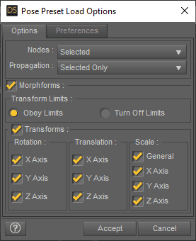 pose preset load options in daz studio