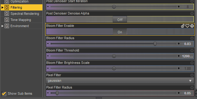 daz render settings filtering bloom effect