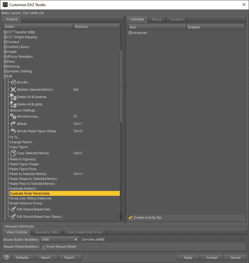 daz set shortcut key