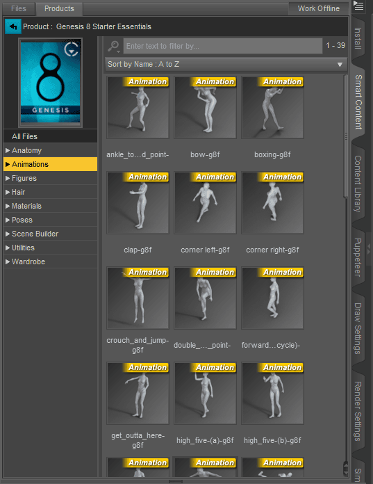 daz studio animations inside the smart content pange
