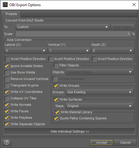 daz studio export options
