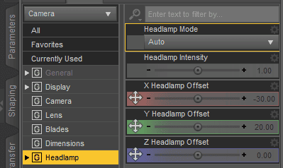 daz studio headlamp settings
