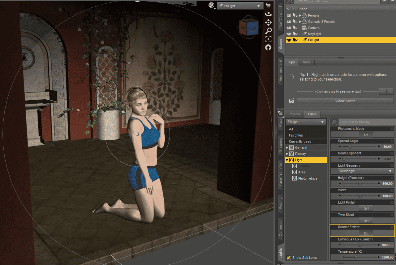 daz studio setup of a fill light for daz3d iray rendering