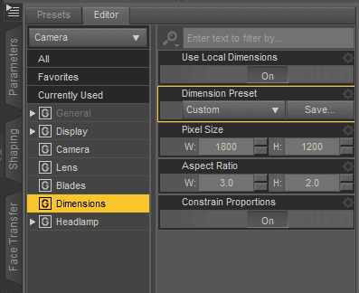 daz3d camera dimension setting
