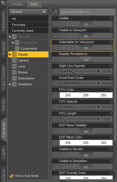 daz3d camera display settings