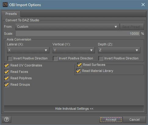 daz3d clothes import options