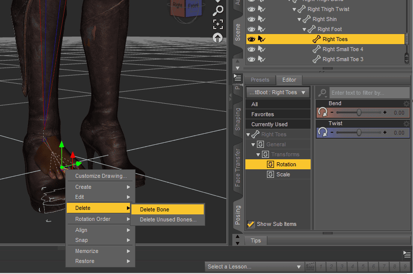 daz3d delete bone footwear joint editor