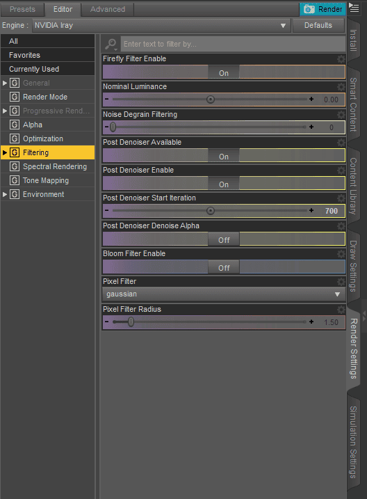 daz3d filtering denoiser settings