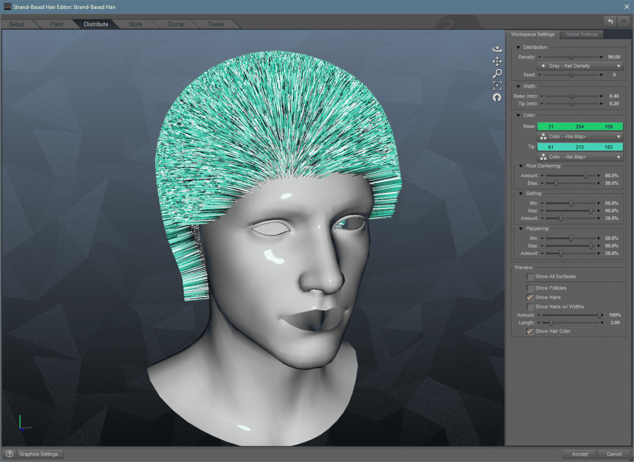 daz3d strand based hair deistribute color