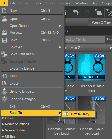 daz studio file send to unity menu