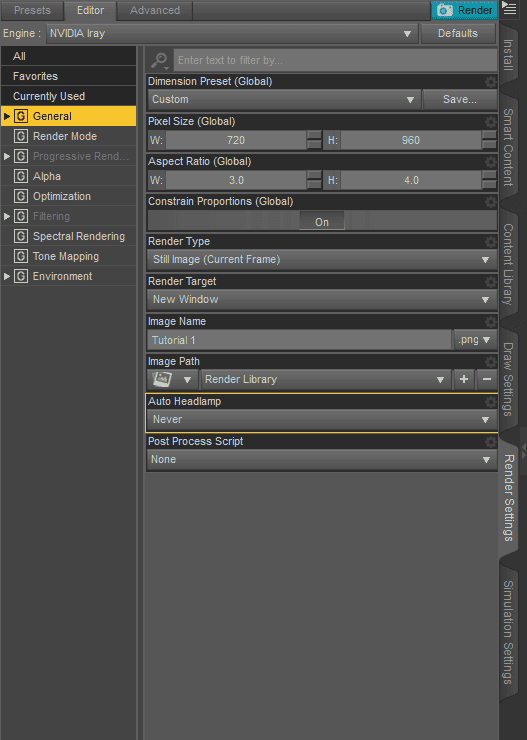 dazstudio general render settings