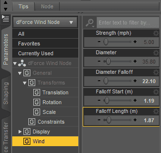dforce wind sliders inside daz studio