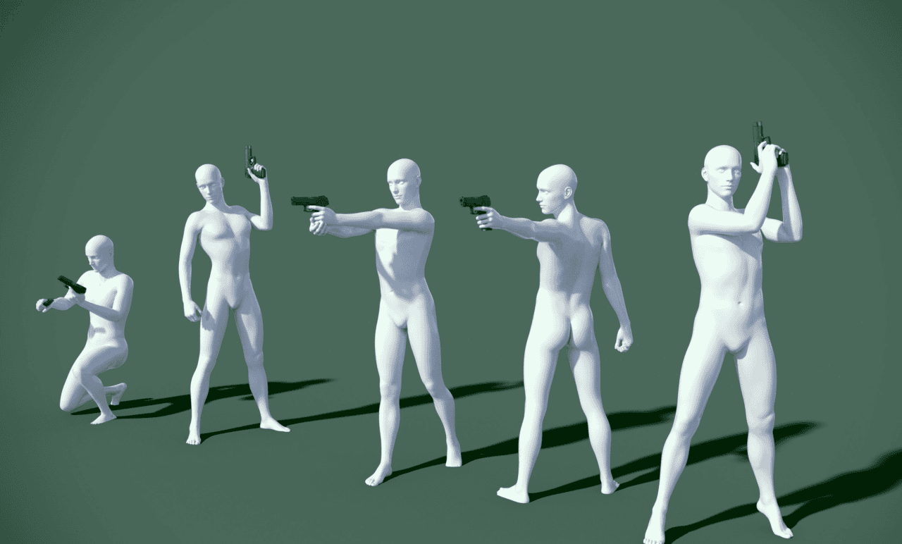 diverse 3d pistol poses for 3d figures