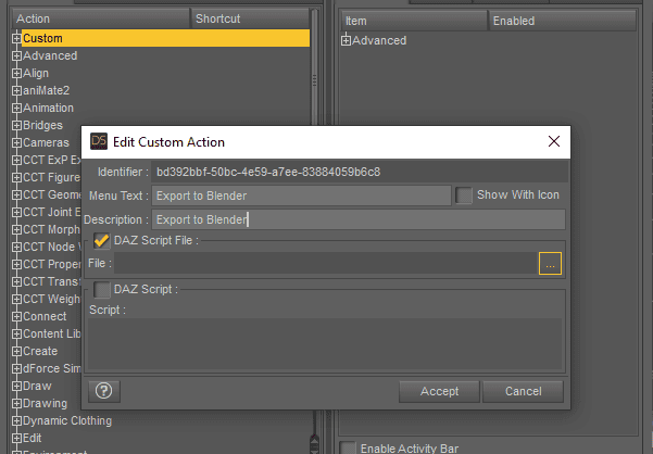 edit custom action inside daz studio