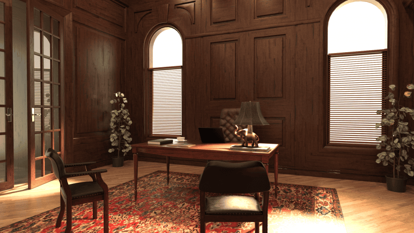 3d model of a estate agent office including table, several chairs and, exit door and background plants