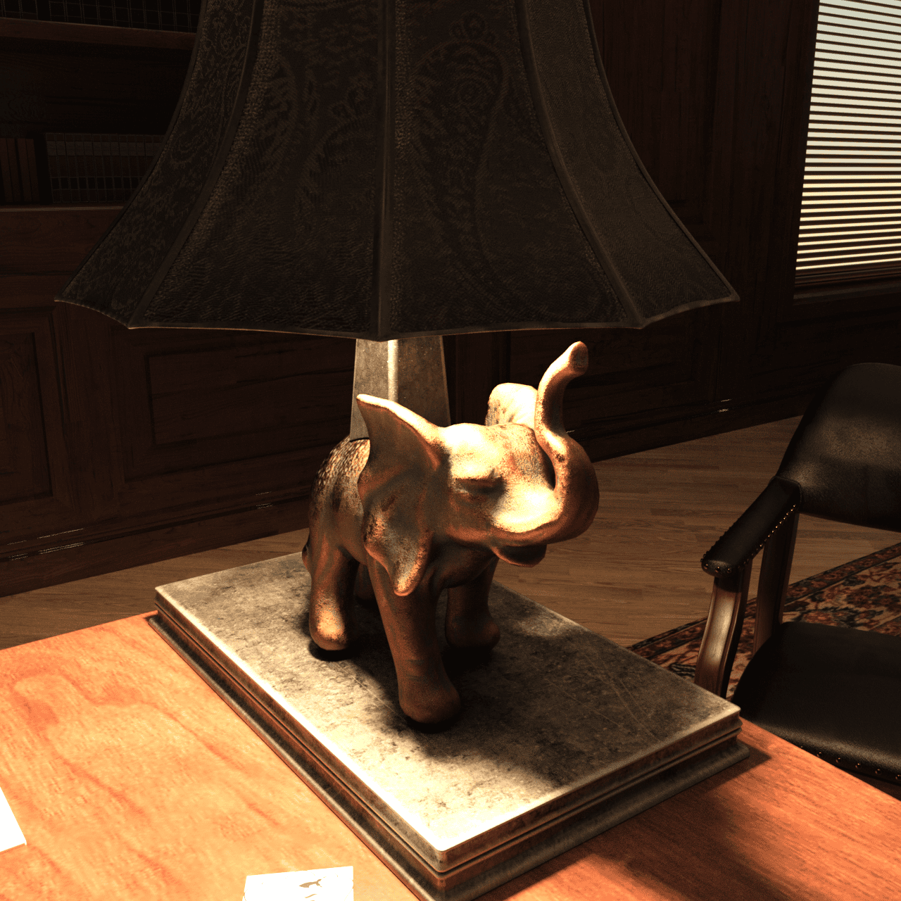 Sculpted elephant on the desc with beautiful iRay rendering