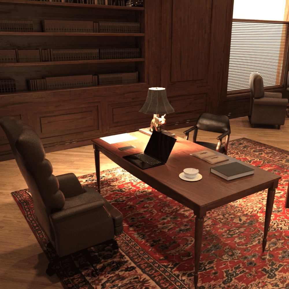 3d Model of an office desk with laptop, desk lamp and other props