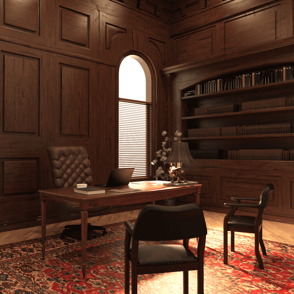 Estate office 3d model showing a desk, armchair and two guest chairs