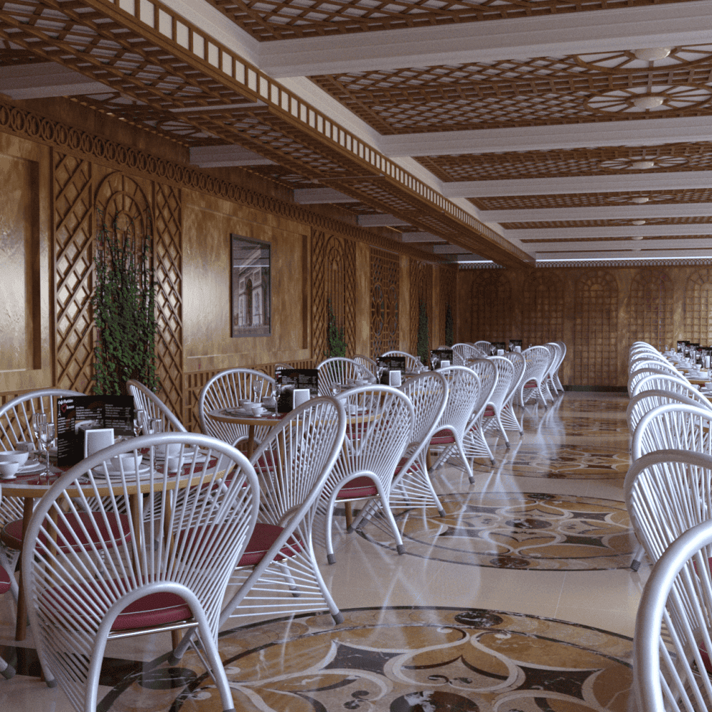 Rendering of a french cafe 3d model show several table, chairs and coffee props