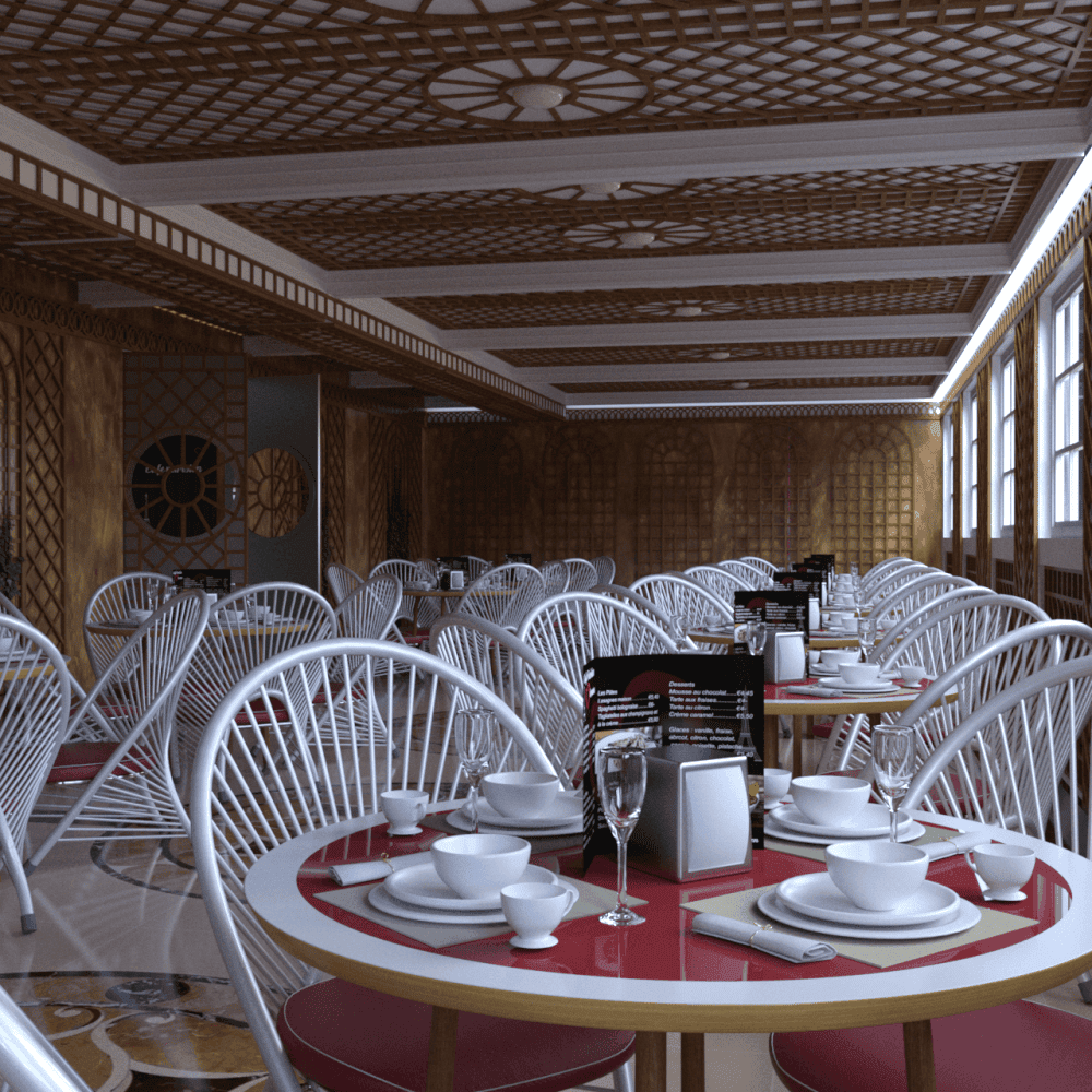 Close view on a cafe table with dishes and glasses