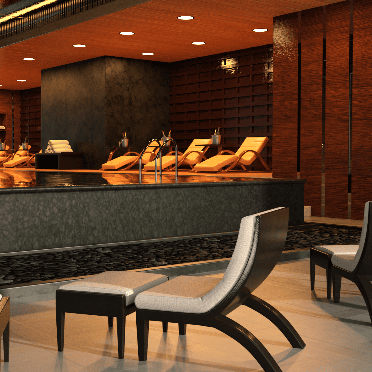 chair 3d models in front of the 3d pool