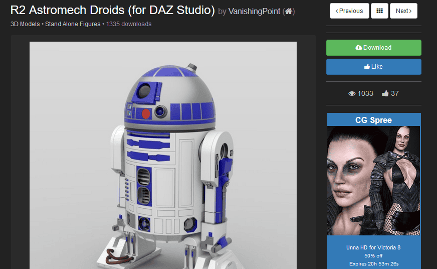 how to install renderosity files in daz3d - r2d2 robot 3d model