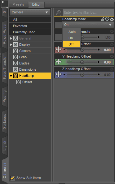 daz studio turning off headlamp